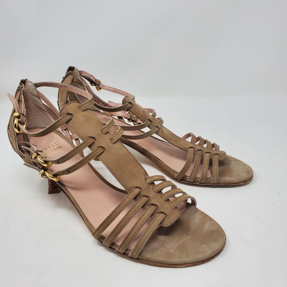 Stuart Weitzman taupe suede leather strappy heel sandals Size 8 **Flawed